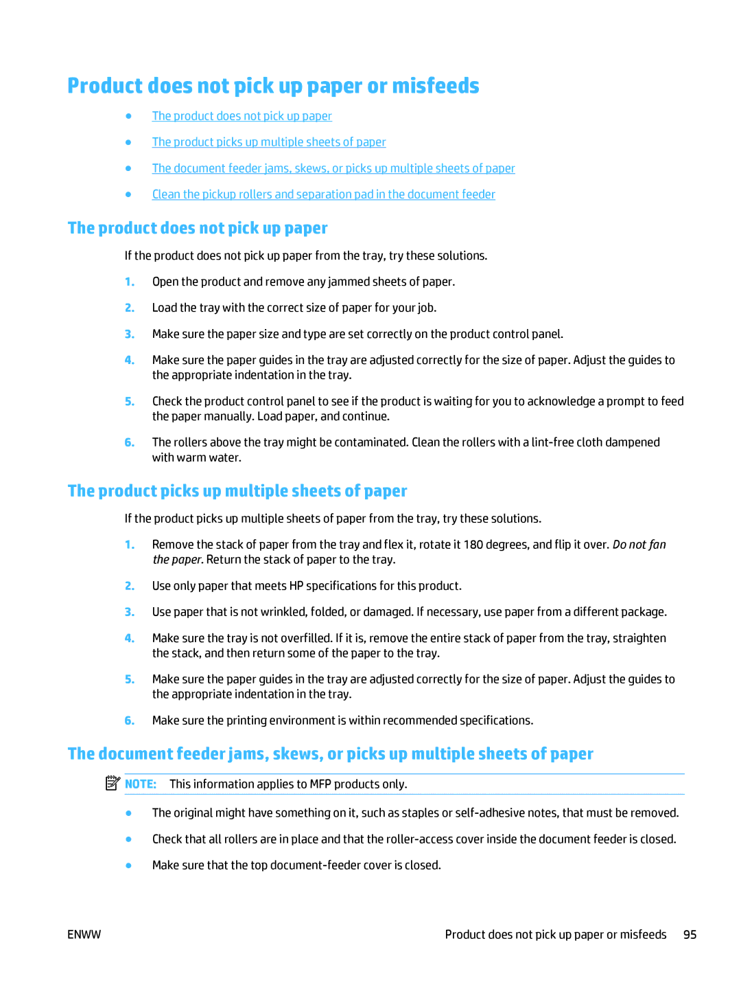 HP MFP M225dw, MFP M225dn manual Product does not pick up paper or misfeeds, Product picks up multiple sheets of paper 