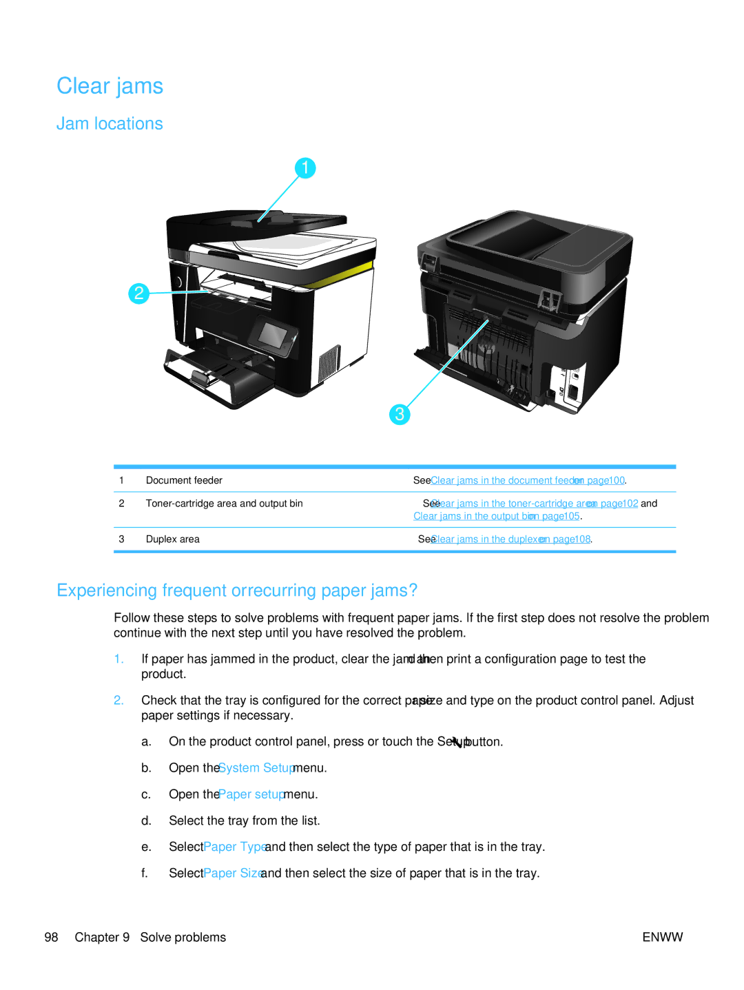 HP MFP M225dn, MFP M225dw manual Clear jams, Jam locations, Experiencing frequent or recurring paper jams? 