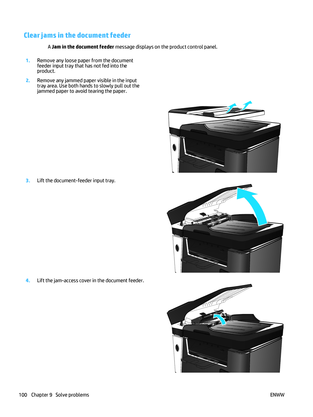 HP MFP M225dn, MFP M225dw manual Clear jams in the document feeder 