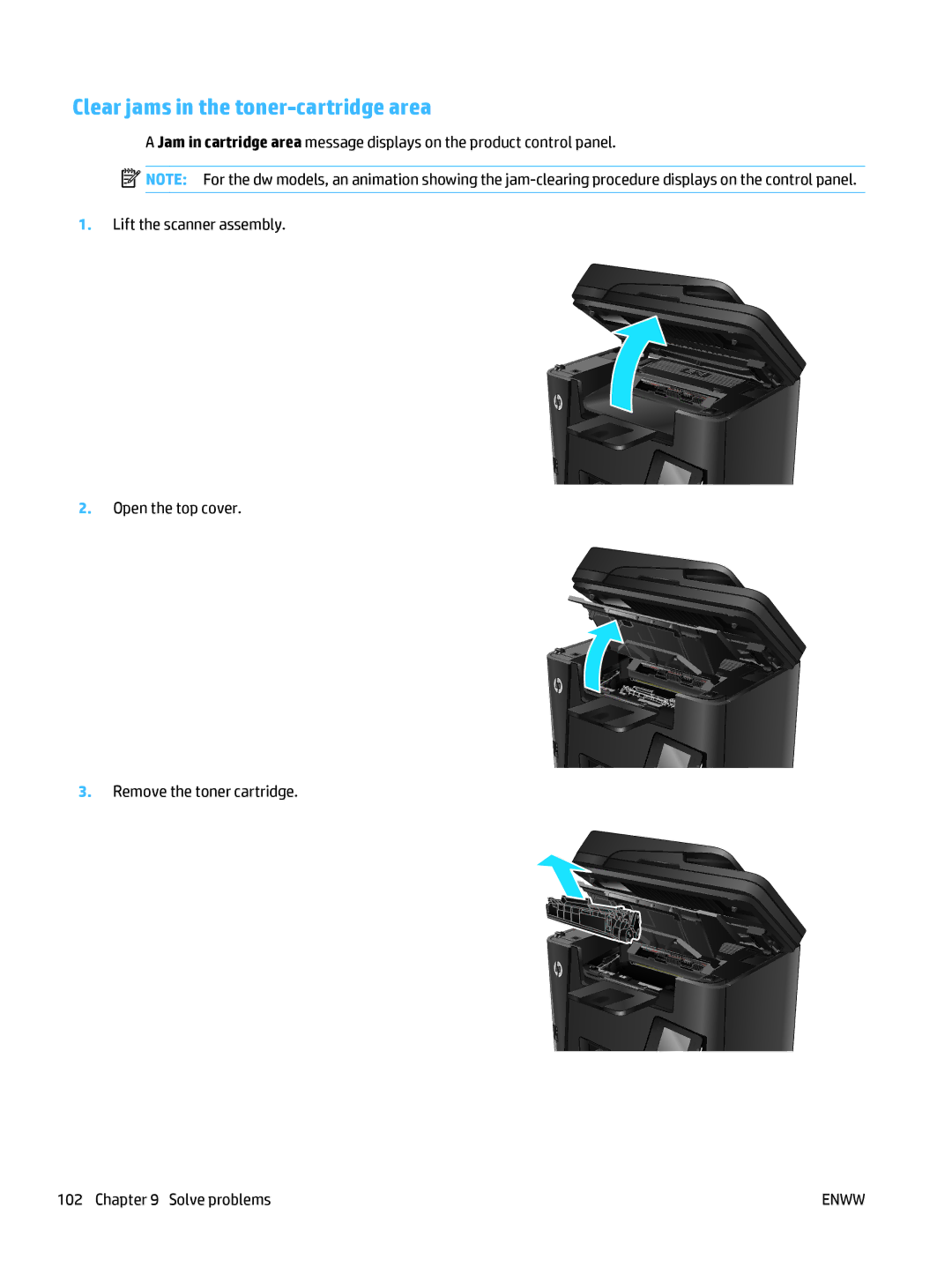 HP MFP M225dn, MFP M225dw manual Clear jams in the toner-cartridge area 