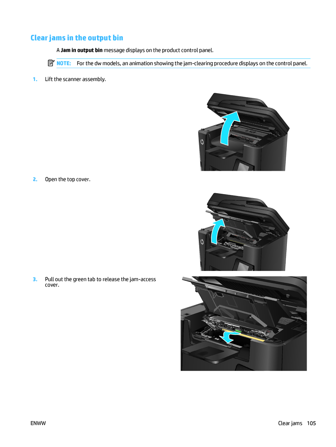 HP MFP M225dw, MFP M225dn manual Clear jams in the output bin 