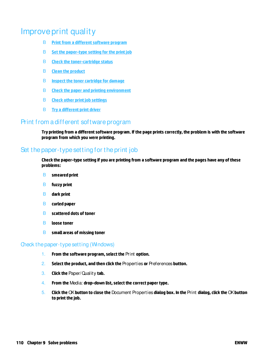 HP MFP M225dn Improve print quality, Print from a different software program, Set the paper-type setting for the print job 