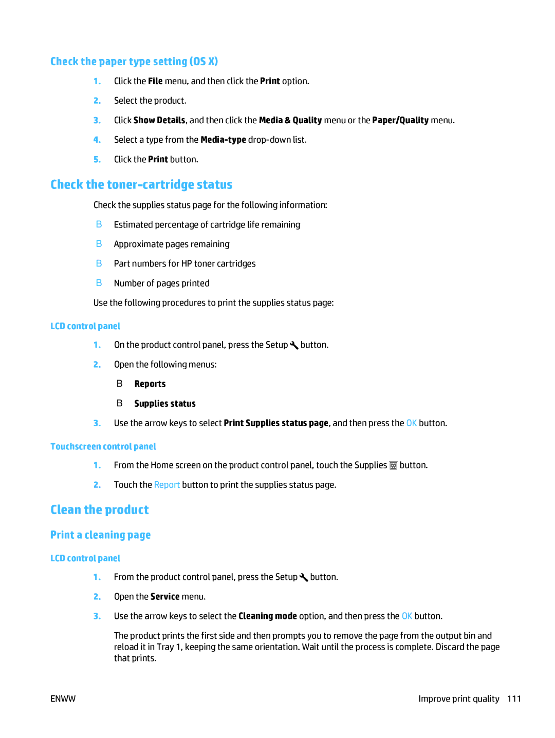 HP MFP M225dw, MFP M225dn manual Check the toner-cartridge status, Clean the product 