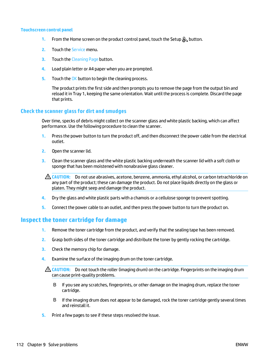 HP MFP M225dn, MFP M225dw manual Inspect the toner cartridge for damage, Check the scanner glass for dirt and smudges 