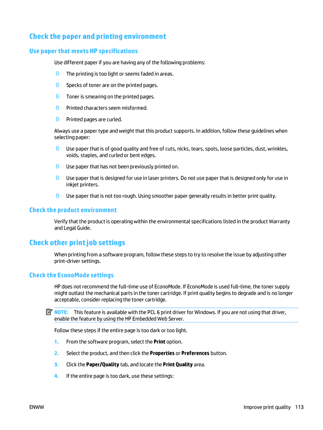 HP MFP M225dw, MFP M225dn manual Check the paper and printing environment, Check other print job settings 