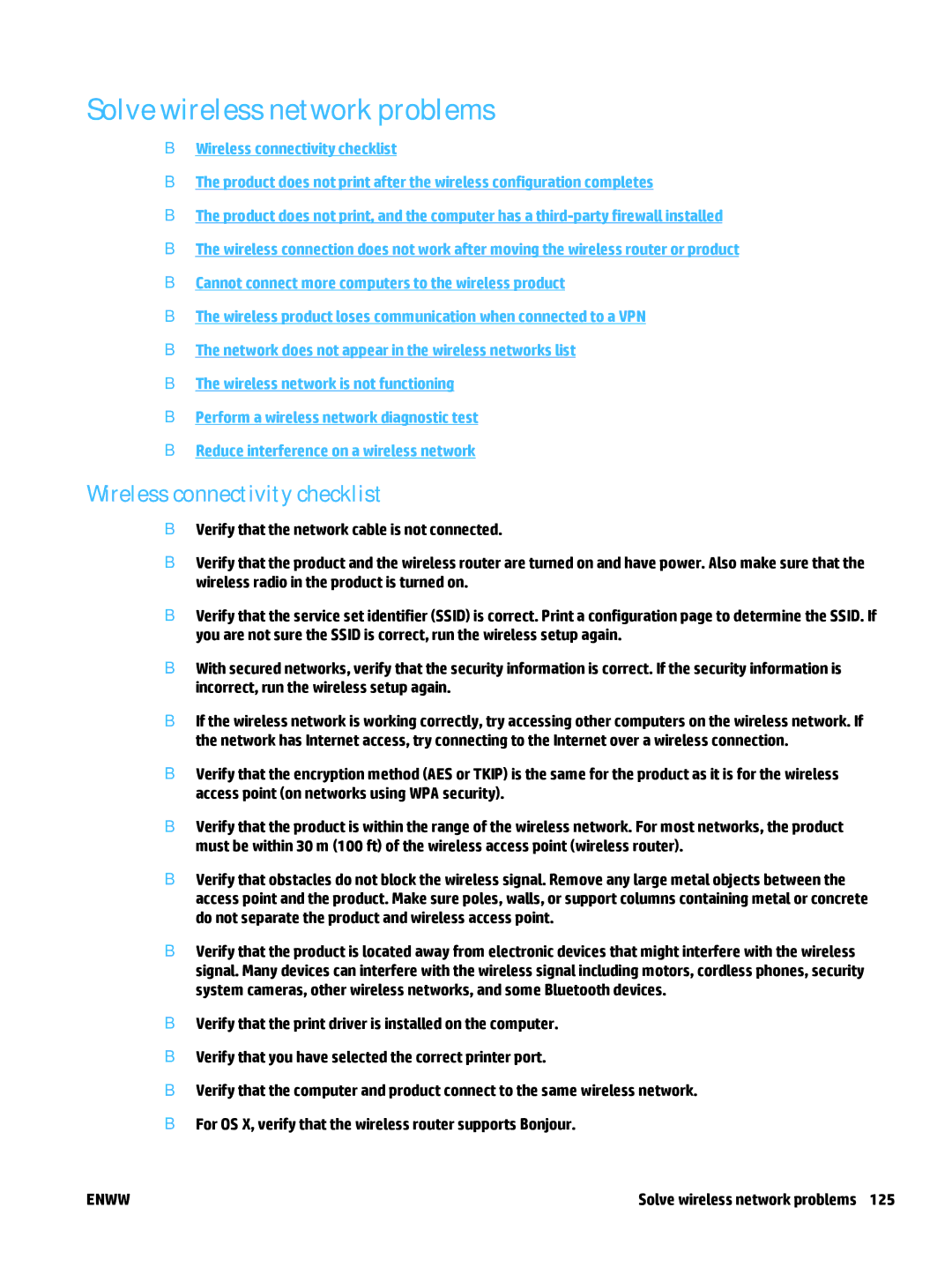 HP MFP M225dw, MFP M225dn manual Solve wireless network problems, Wireless connectivity checklist 