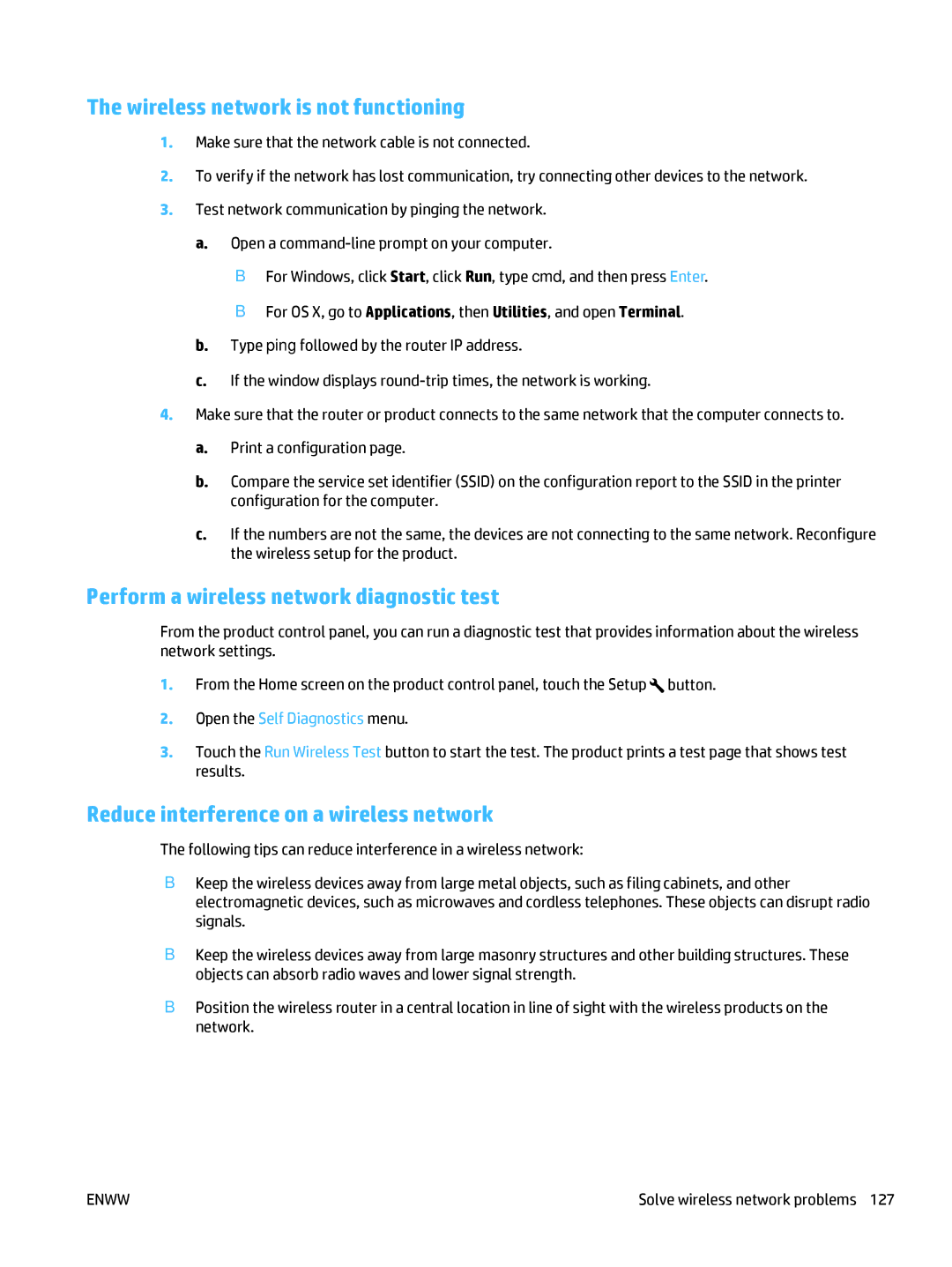 HP MFP M225dw, MFP M225dn manual Wireless network is not functioning, Perform a wireless network diagnostic test 