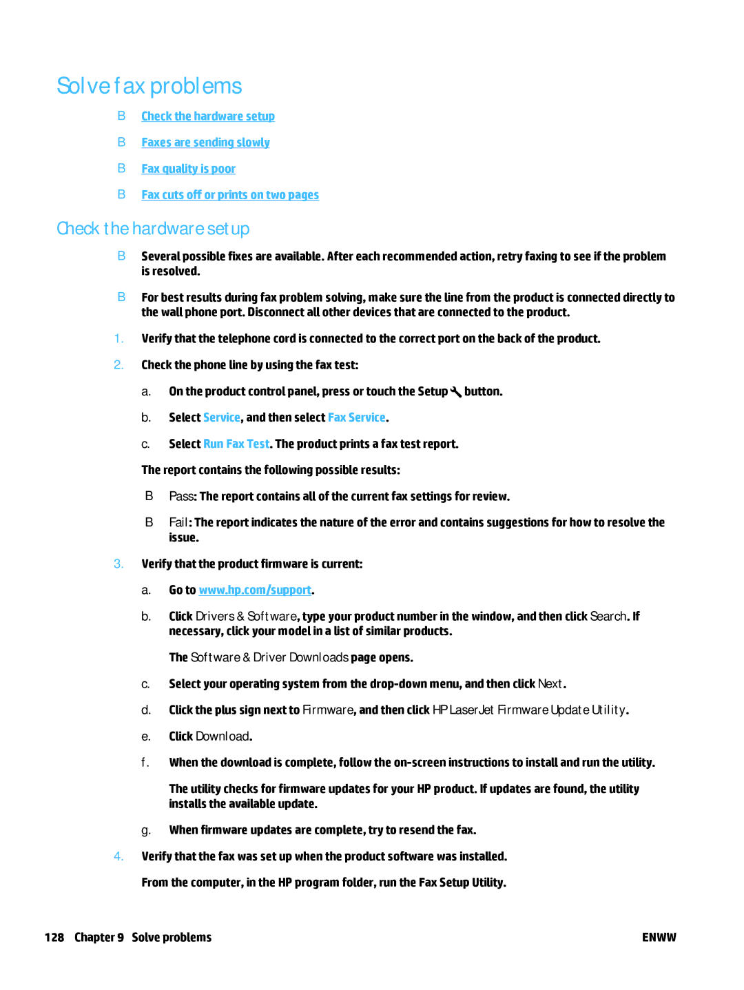 HP MFP M225dn, MFP M225dw manual Solve fax problems, Check the hardware setup 