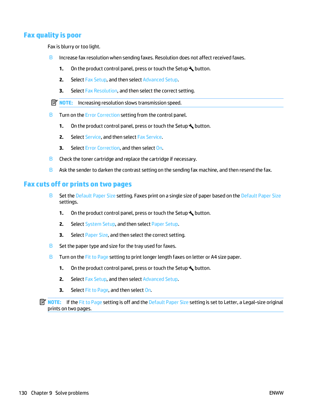 HP MFP M225dn, MFP M225dw manual Fax quality is poor, Fax cuts off or prints on two pages 