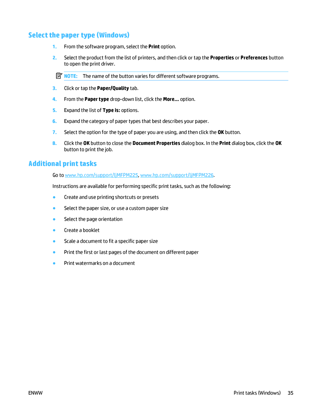 HP MFP M225dw, MFP M225dn manual Select the paper type Windows, Additional print tasks 