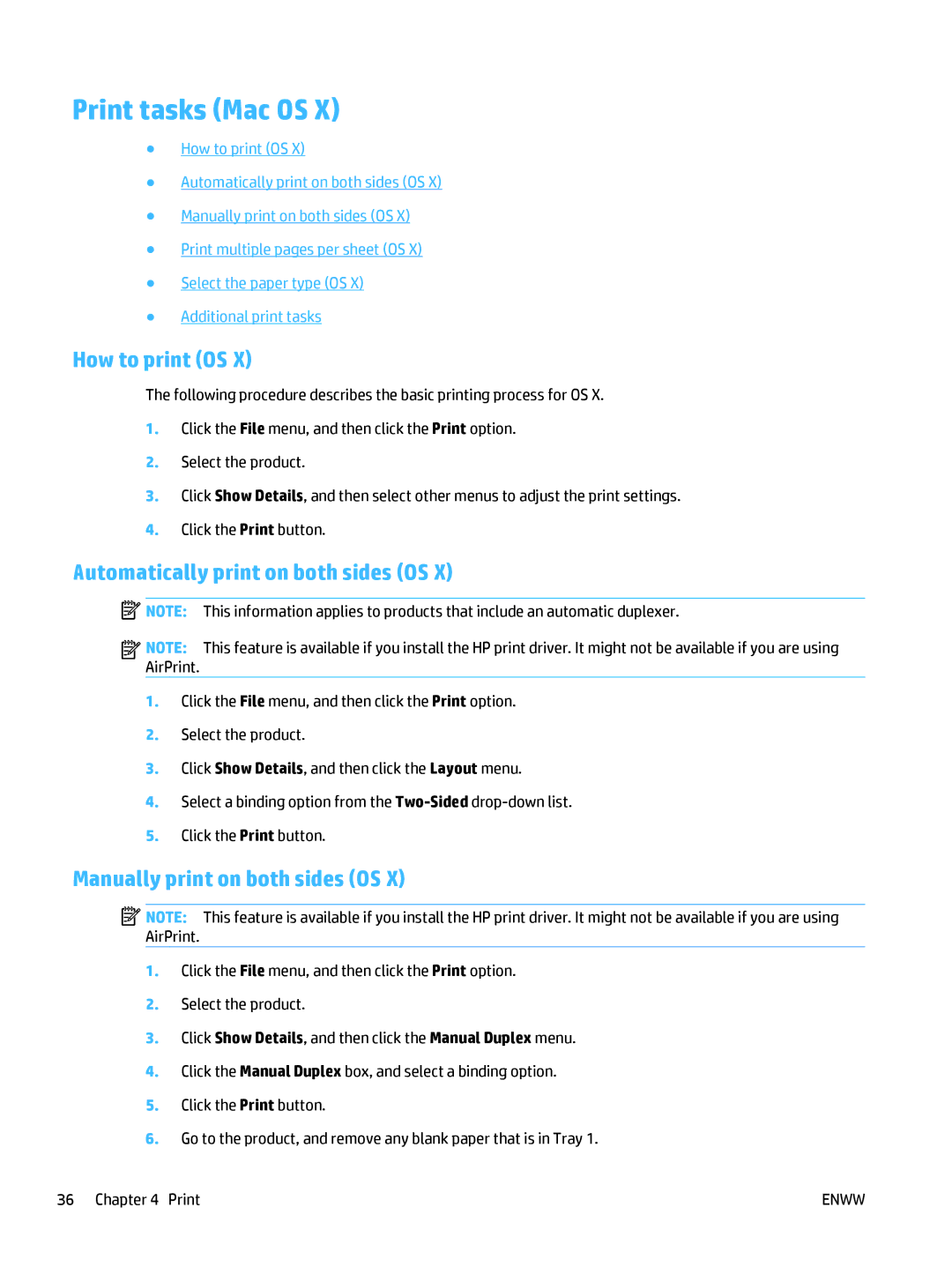 HP MFP M225dn Print tasks Mac OS, How to print OS, Automatically print on both sides OS, Manually print on both sides OS 