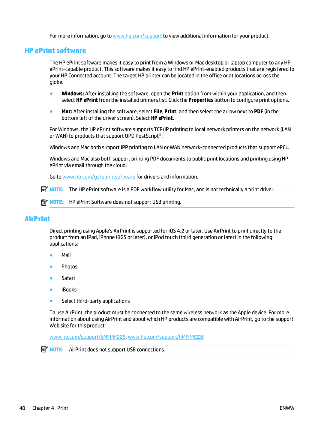 HP MFP M225dn, MFP M225dw manual HP ePrint software, AirPrint 