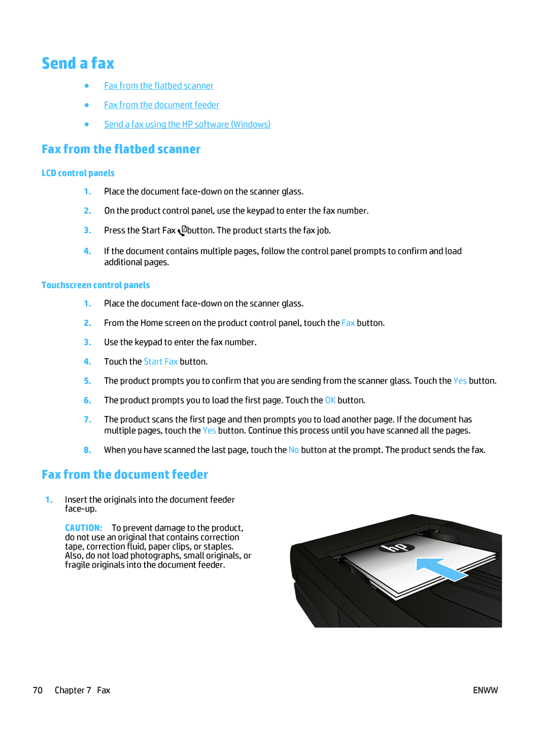 HP MFP M225dn, MFP M225dw manual Send a fax, Fax from the flatbed scanner, Fax from the document feeder 