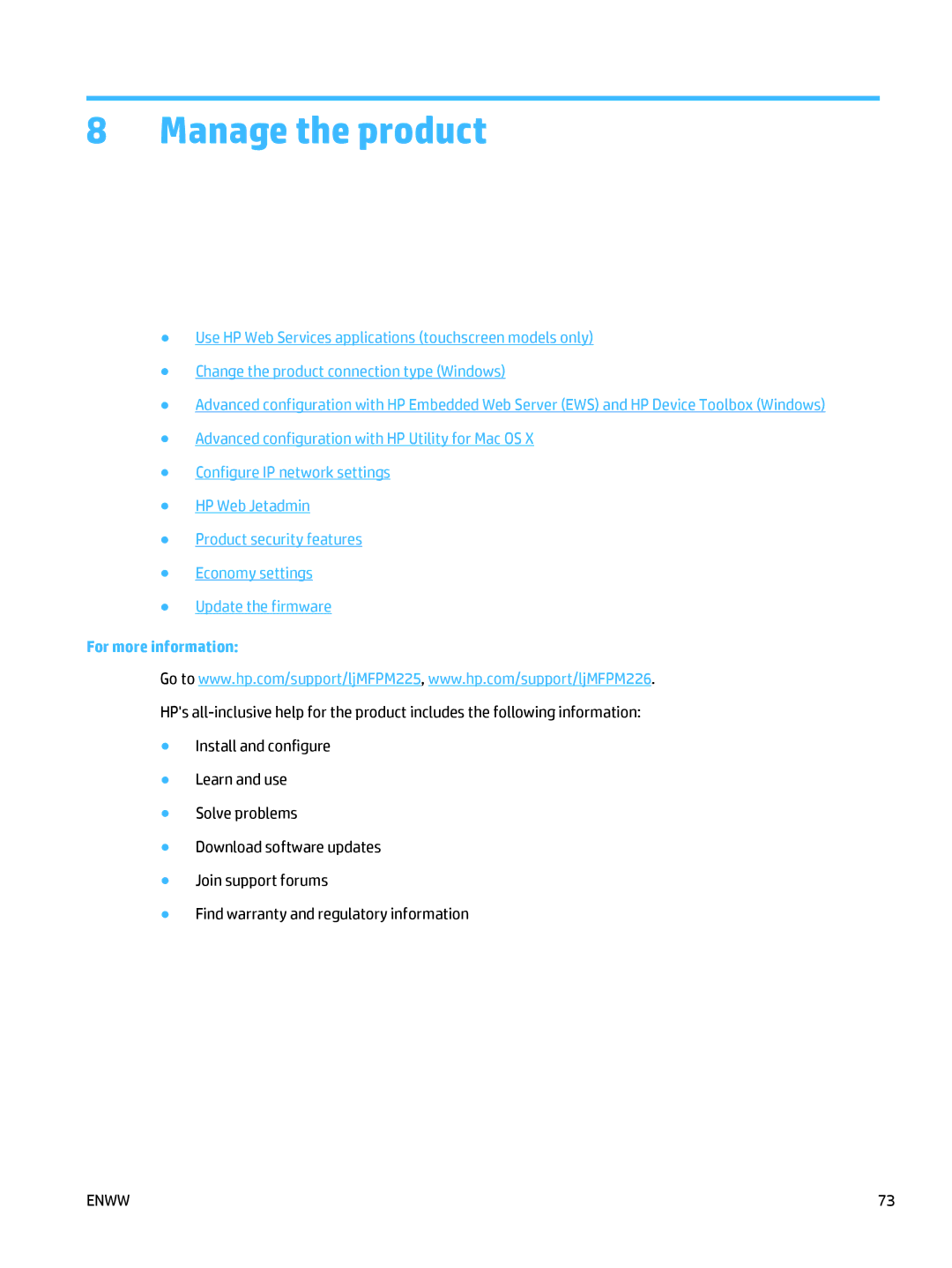 HP MFP M225dw, MFP M225dn manual Manage the product 