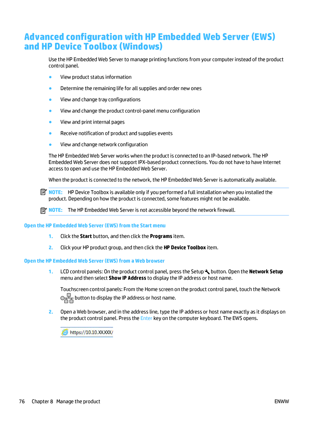 HP MFP M225dn, MFP M225dw manual Open the HP Embedded Web Server EWS from the Start menu 