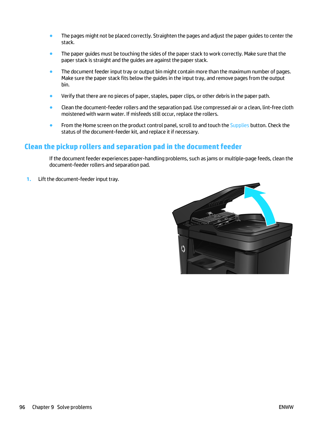 HP MFP M225dn, MFP M225dw manual Clean the pickup rollers and separation pad in the document feeder 