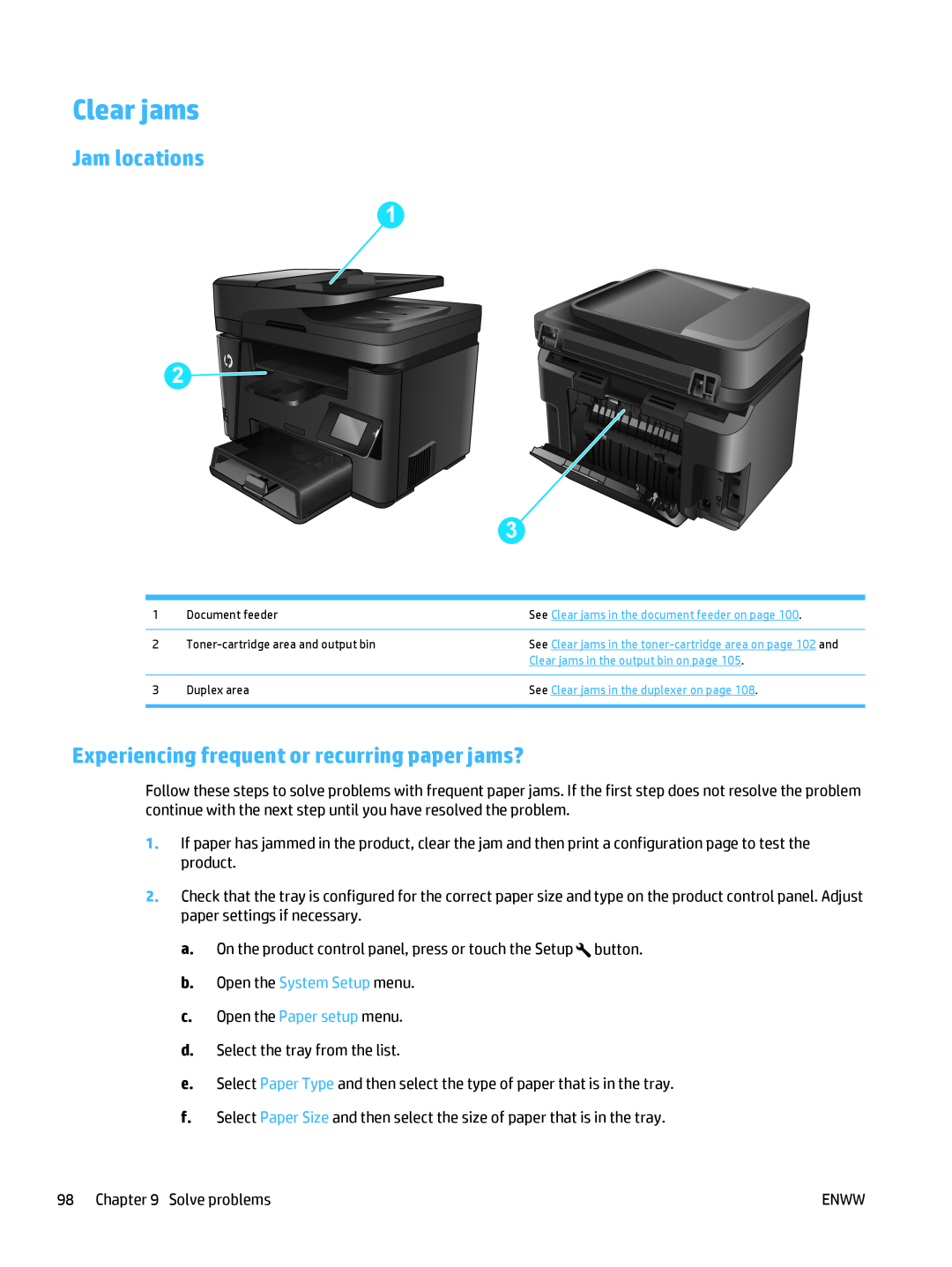 HP MFP M225dn, MFP M225dw manual Clear jams, Jam locations, Experiencing frequent or recurring paper jams? 