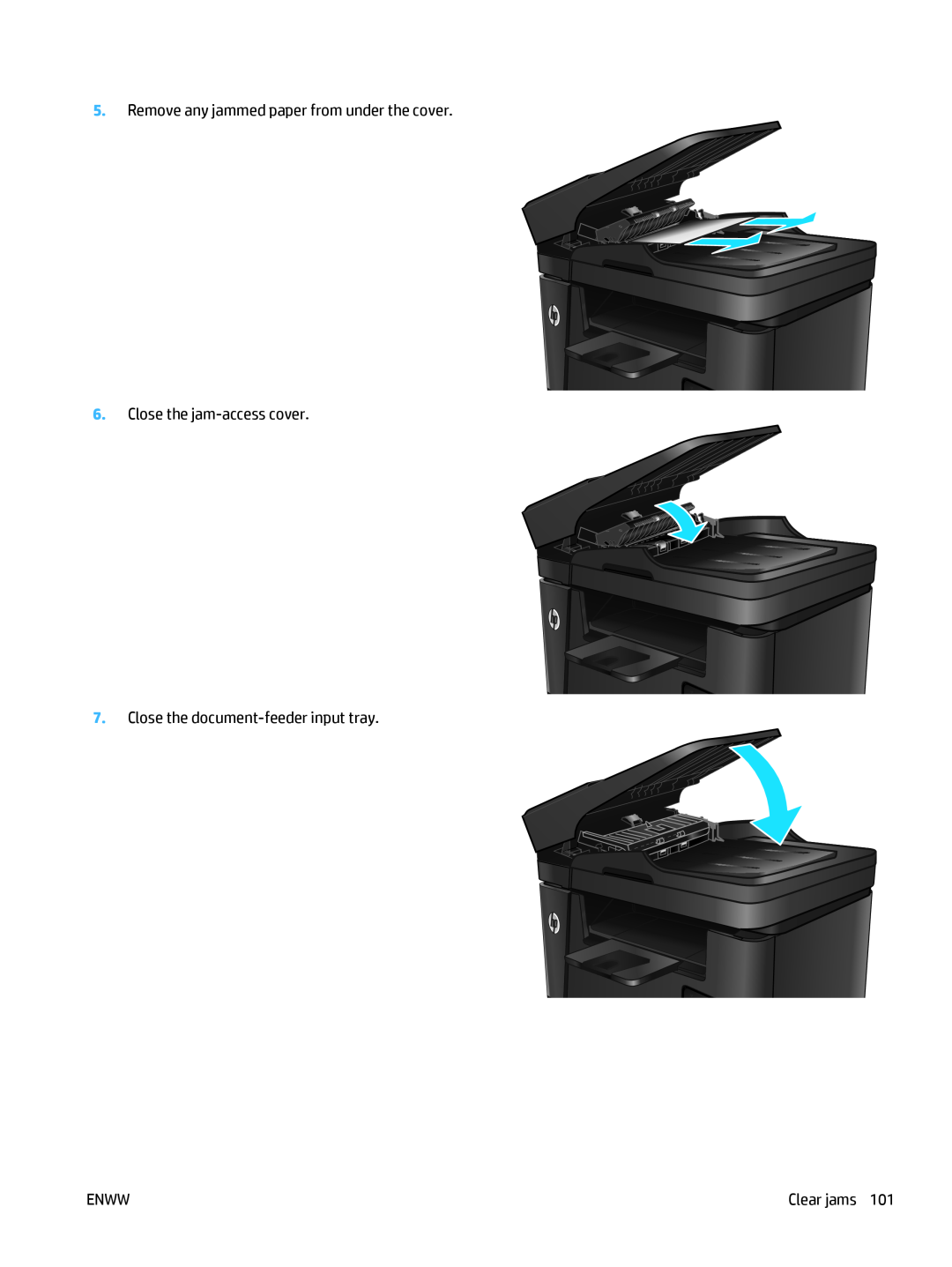 HP MFP M225dw, MFP M225dn manual Remove any jammed paper from under the cover, Enww, Clear jams 