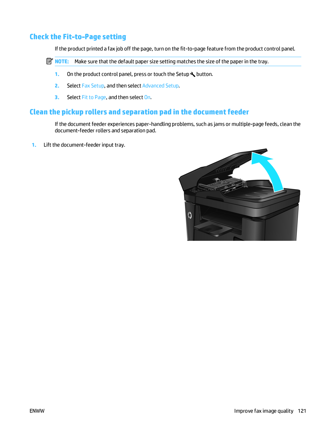 HP MFP M225dw manual Check the Fit-to-Page setting, Clean the pickup rollers and separation pad in the document feeder 