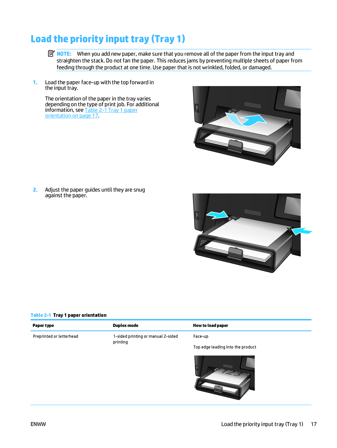 HP MFP M225dw, MFP M225dn manual Load the priority input tray Tray, 1 Tray 1 paper orientation 