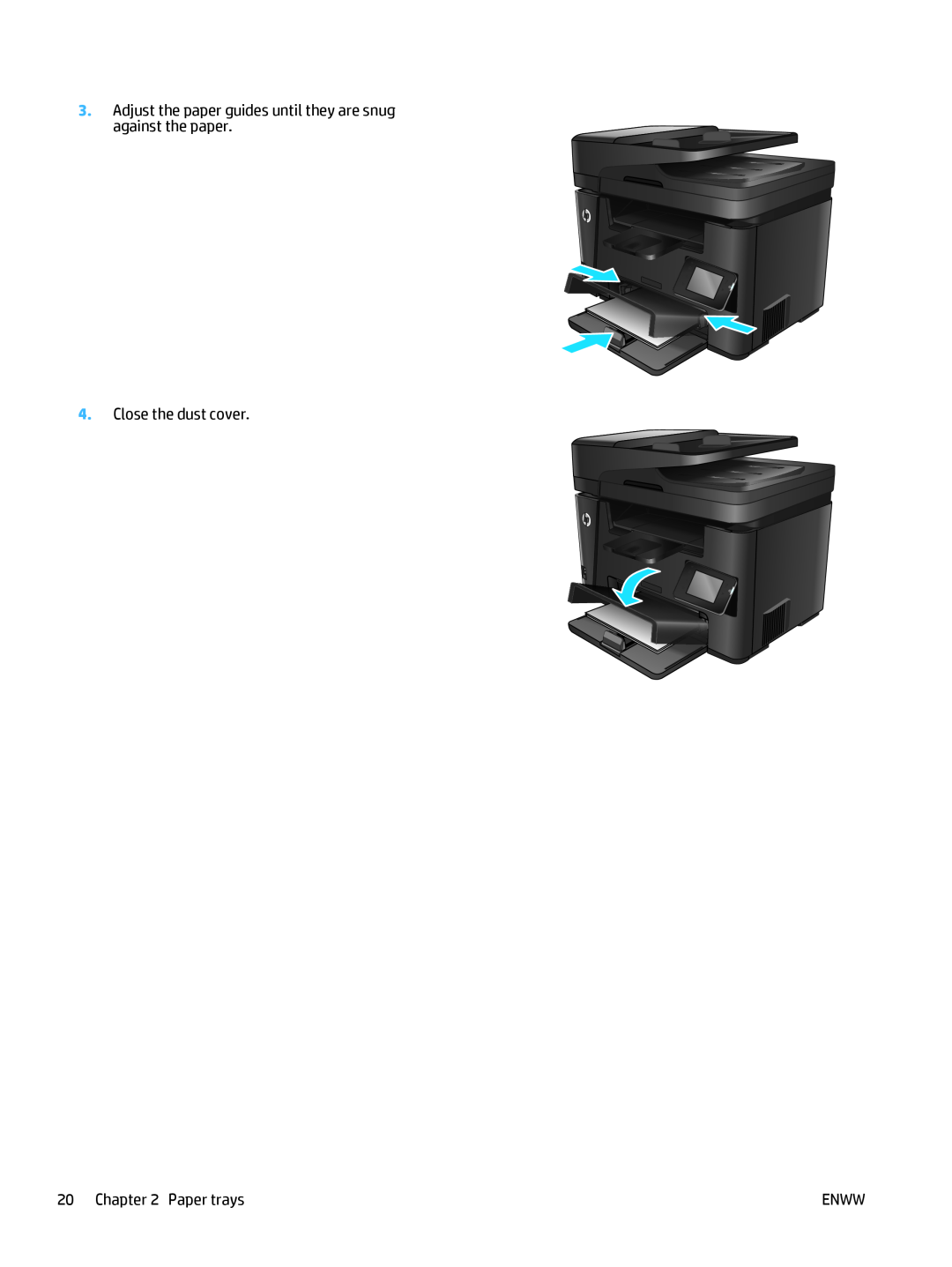 HP MFP M225dn manual Adjust the paper guides until they are snug against the paper, Close the dust cover, Paper trays, Enww 