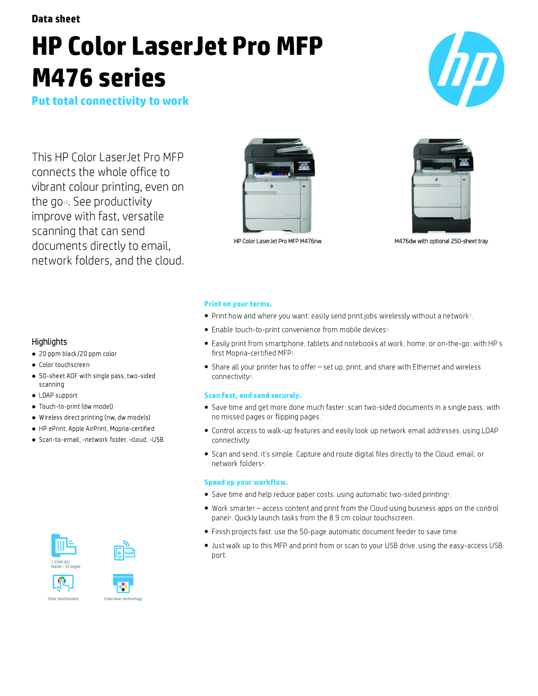 HP manual Put total connectivity to work, HP Color LaserJet Pro MFP M476nw 