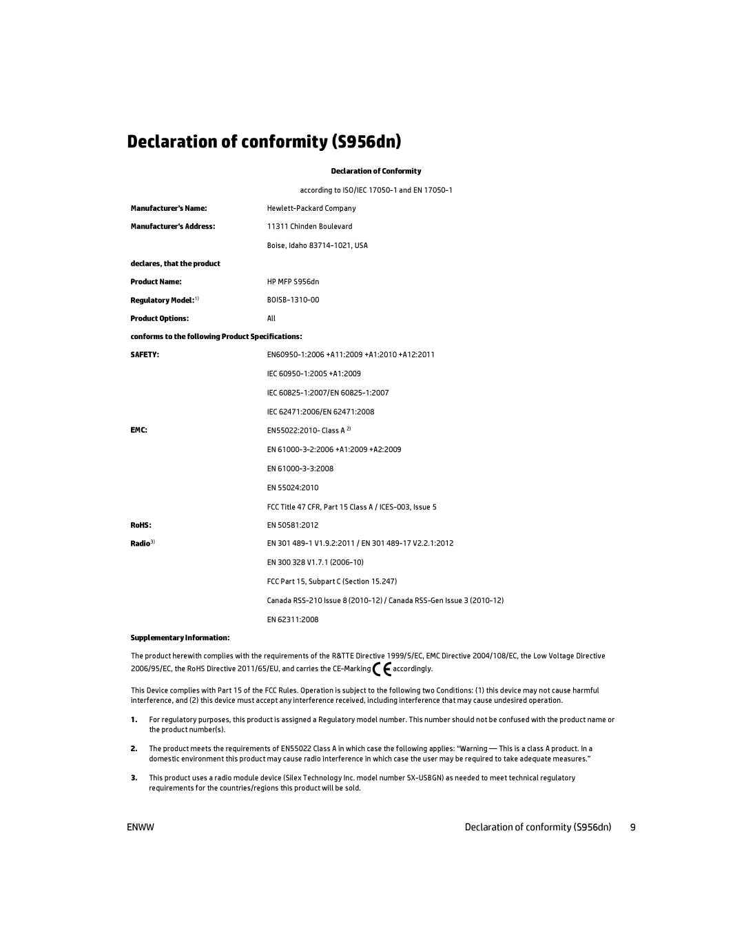 HP MFP S900 manual Declaration of conformity S956dn, Declaration of Conformity, Manufacturers Name Manufacturers Address 