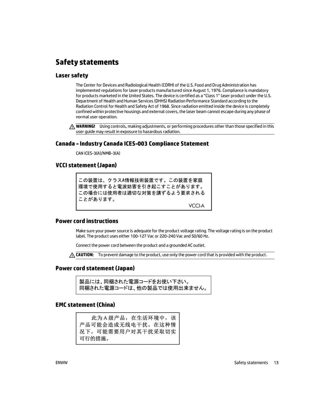 HP MFP S900 manual Safety statements, Laser safety, Canada Industry Canada ICES-003 Compliance Statement 