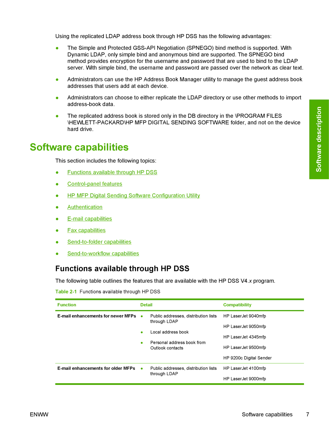 HP MFP Sending Software 4.0 to 4.20 manual Software capabilities, Functions available through HP DSS 