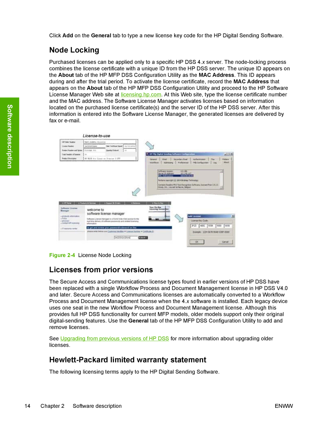 HP MFP Sending Software 4.0 to 4.20 Node Locking, Licenses from prior versions, Hewlett-Packard limited warranty statement 