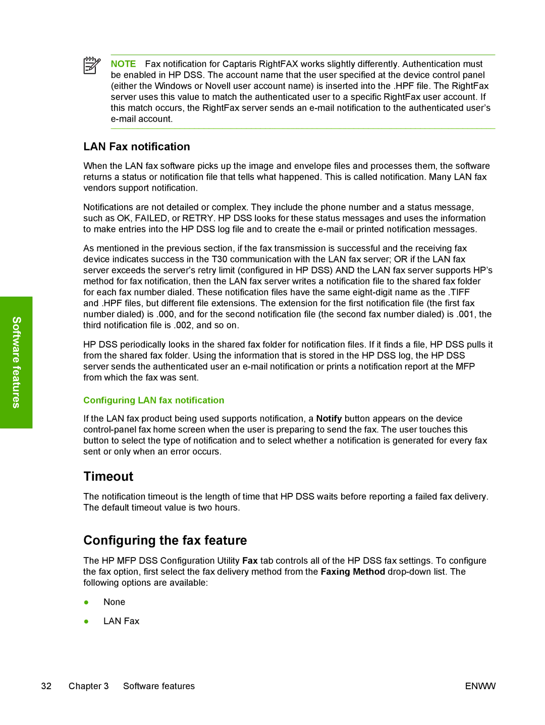 HP MFP Sending Software 4.0 to 4.20 manual Timeout, Configuring the fax feature, LAN Fax notification 