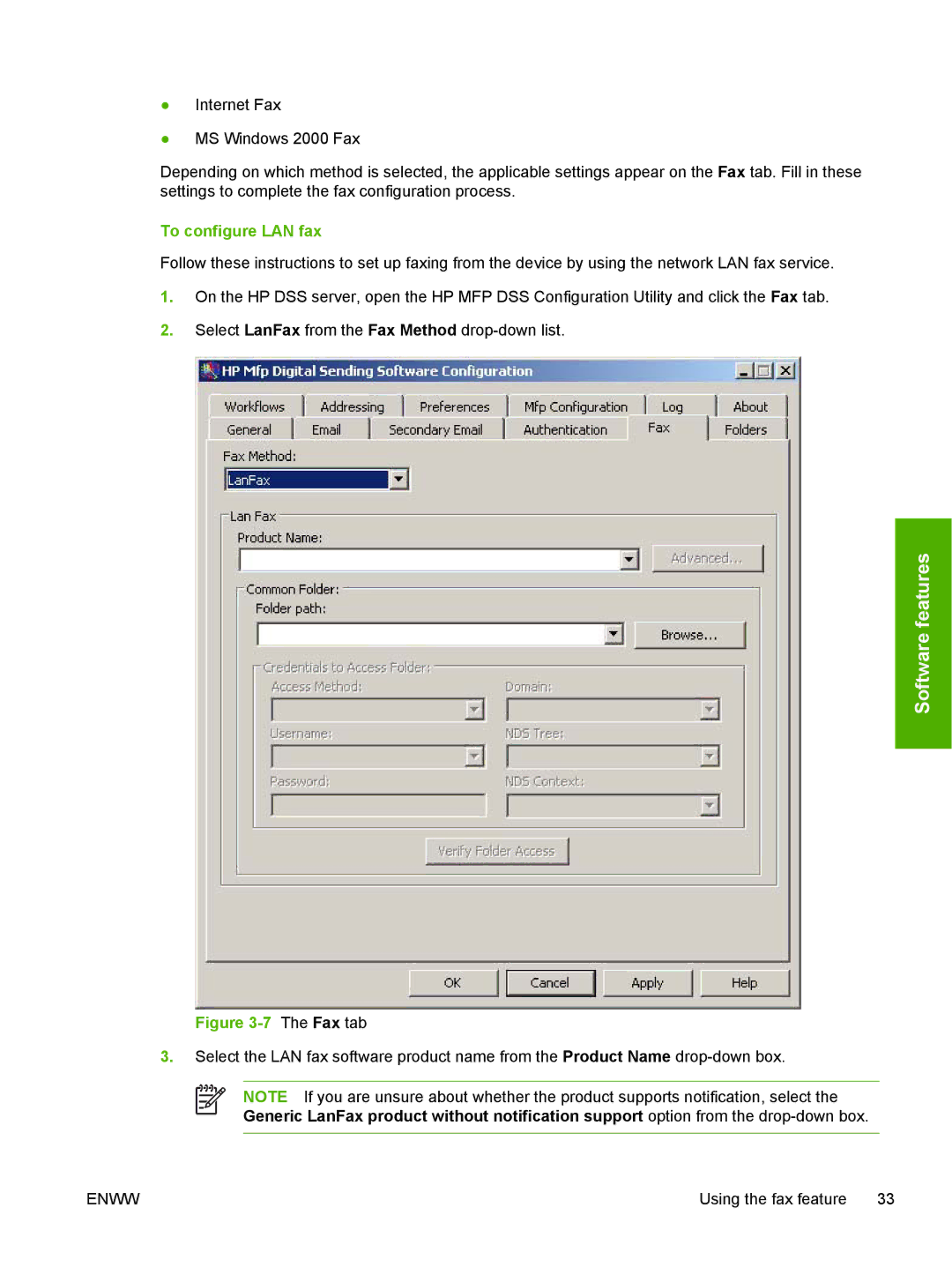 HP MFP Sending Software 4.0 to 4.20 manual To configure LAN fax, Fax tab 