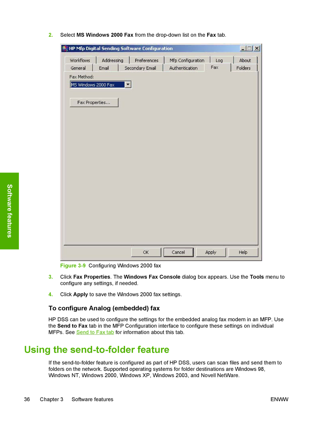 HP MFP Sending Software 4.0 to 4.20 manual Using the send-to-folder feature, To configure Analog embedded fax 