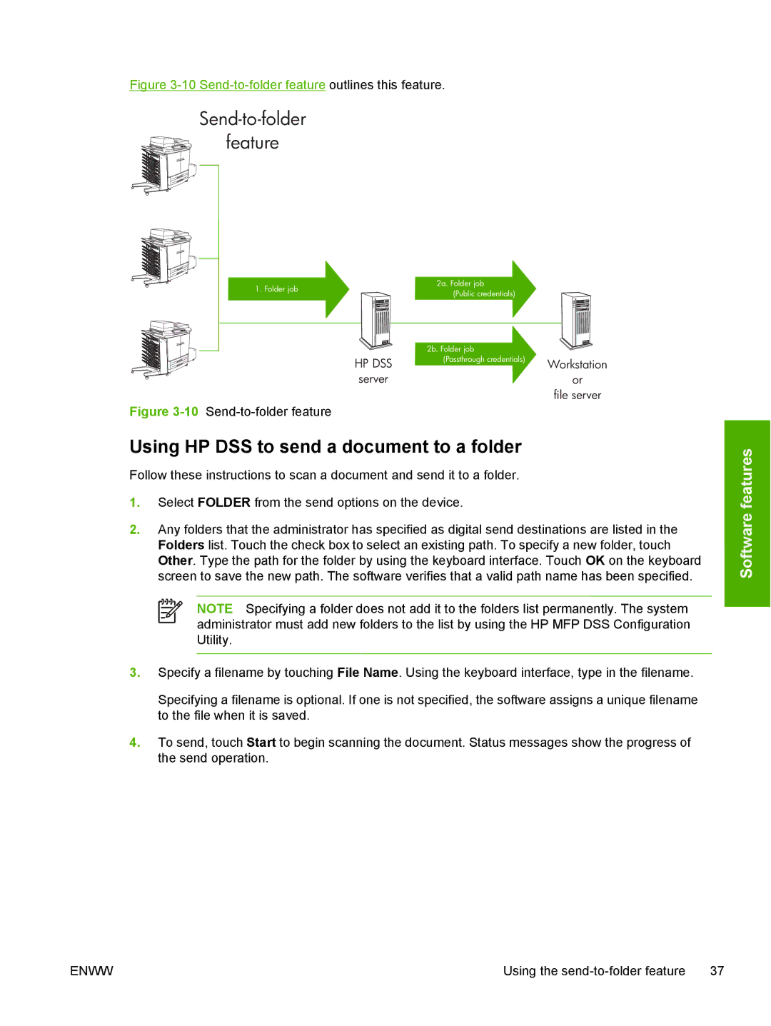 HP MFP Sending Software 4.0 to 4.20 manual Send-to-folder Feature, Using HP DSS to send a document to a folder 