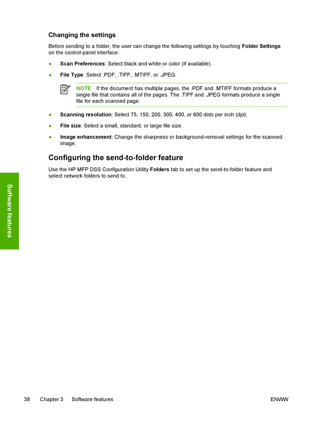 HP MFP Sending Software 4.0 to 4.20 manual Configuring the send-to-folder feature, Changing the settings 