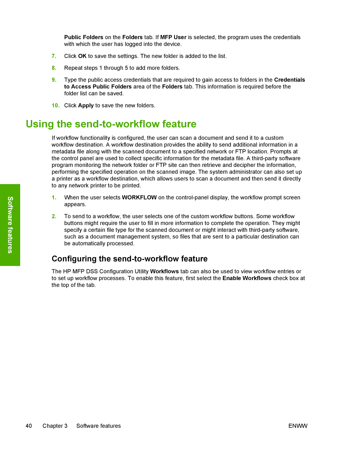 HP MFP Sending Software 4.0 to 4.20 manual Using the send-to-workflow feature, Configuring the send-to-workflow feature 