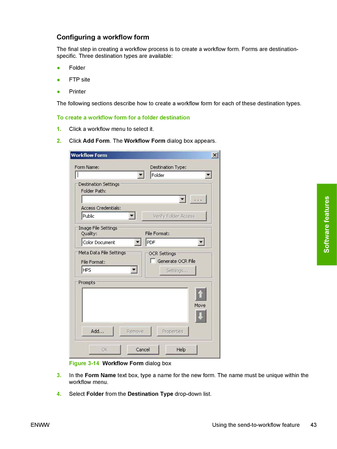 HP MFP Sending Software 4.0 to 4.20 manual Configuring a workflow form, To create a workflow form for a folder destination 