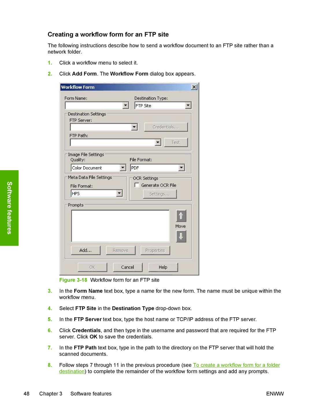 HP MFP Sending Software 4.0 to 4.20 manual Creating a workflow form for an FTP site 