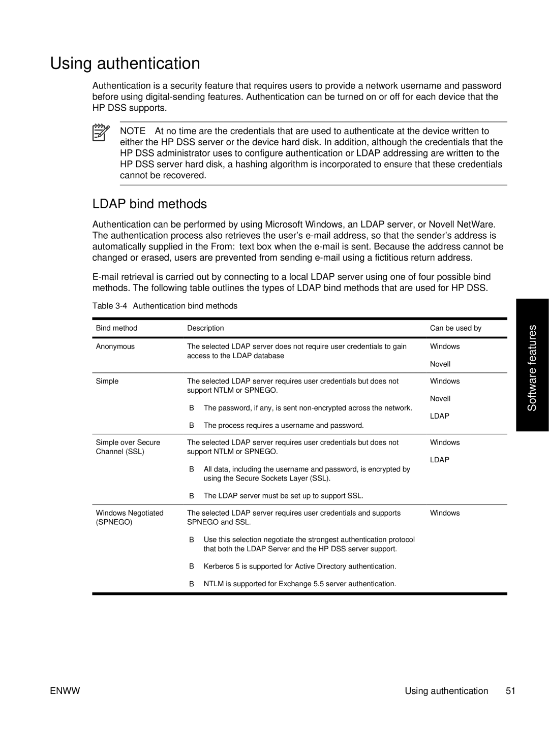 HP MFP Sending Software 4.0 to 4.20 manual Using authentication, Ldap bind methods, 4Authentication bind methods 