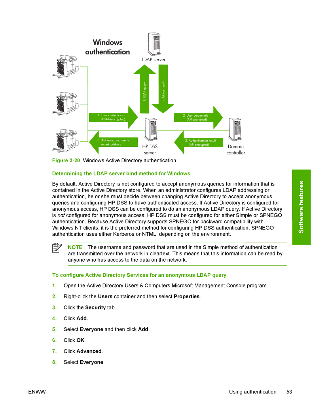 HP MFP Sending Software 4.0 to 4.20 manual Windows Authentication, Determining the Ldap server bind method for Windows 