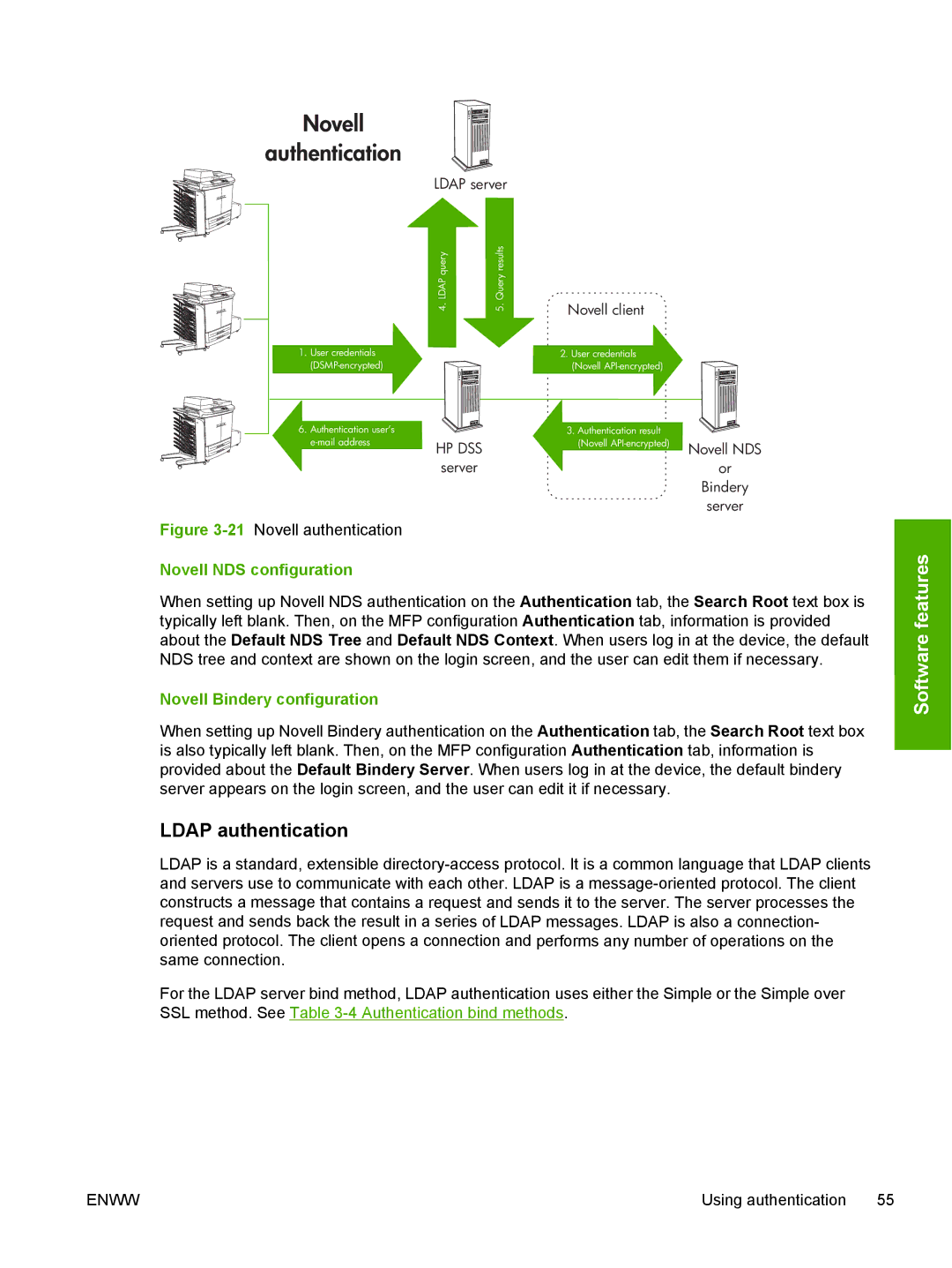 HP MFP Sending Software 4.0 to 4.20 manual Ldap authentication, Novell NDS configuration, Novell Bindery configuration 