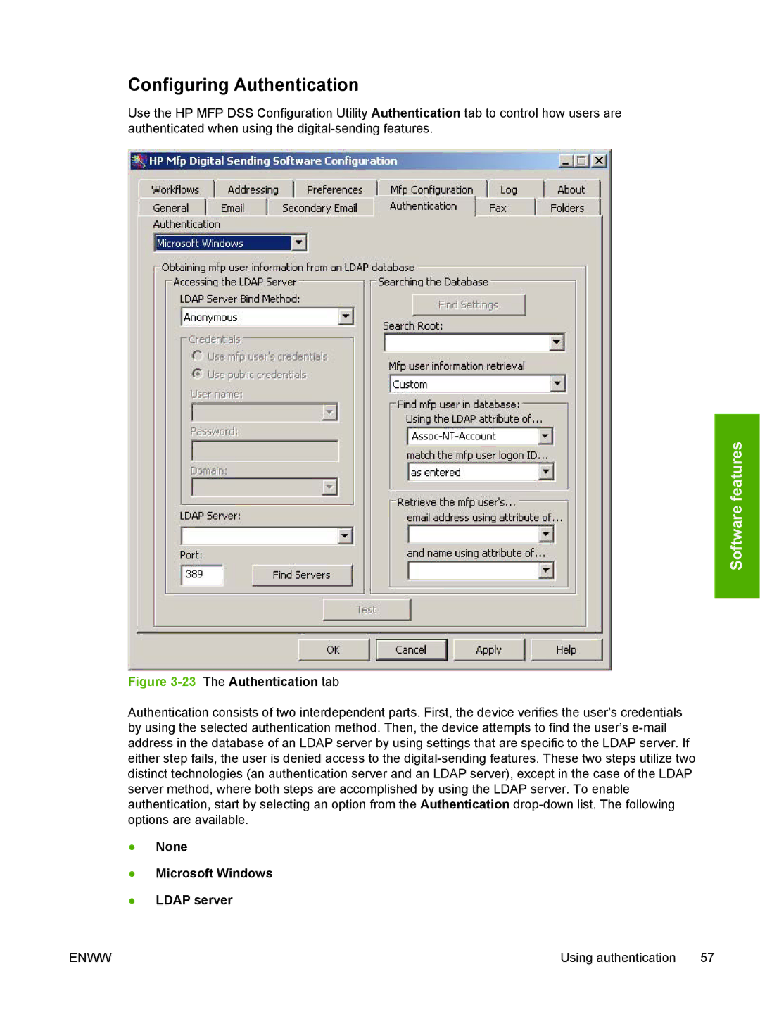 HP MFP Sending Software 4.0 to 4.20 manual Configuring Authentication, 23The Authentication tab 