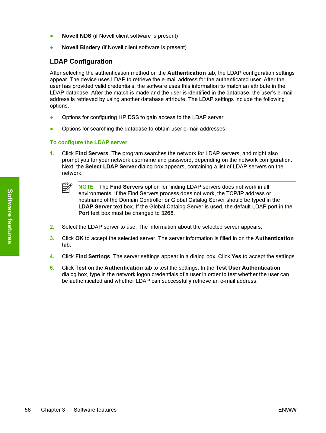 HP MFP Sending Software 4.0 to 4.20 manual Ldap Configuration, To configure the Ldap server 