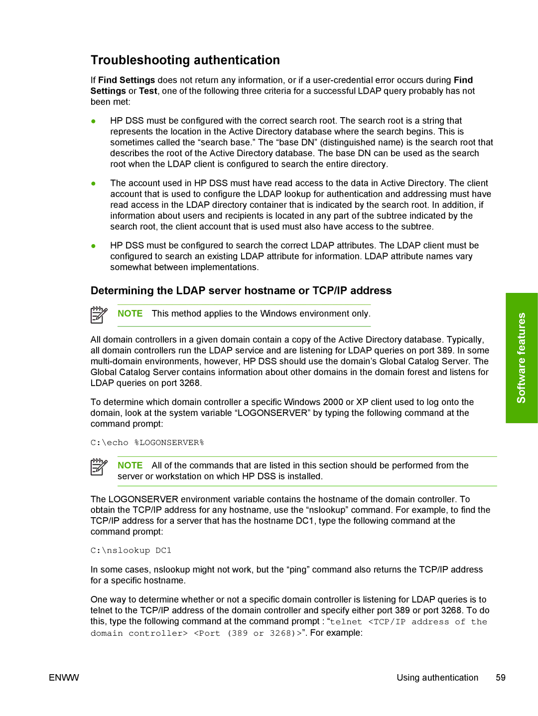 HP MFP Sending Software 4.0 to 4.20 Troubleshooting authentication, Determining the Ldap server hostname or TCP/IP address 