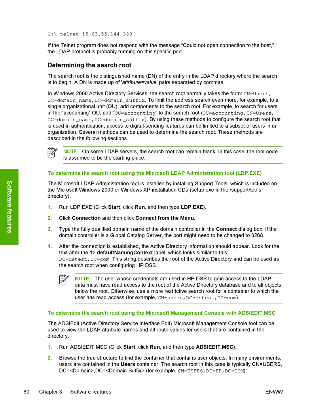 HP MFP Sending Software 4.0 to 4.20 manual Determining the search root, telnet 15.63.55.144 