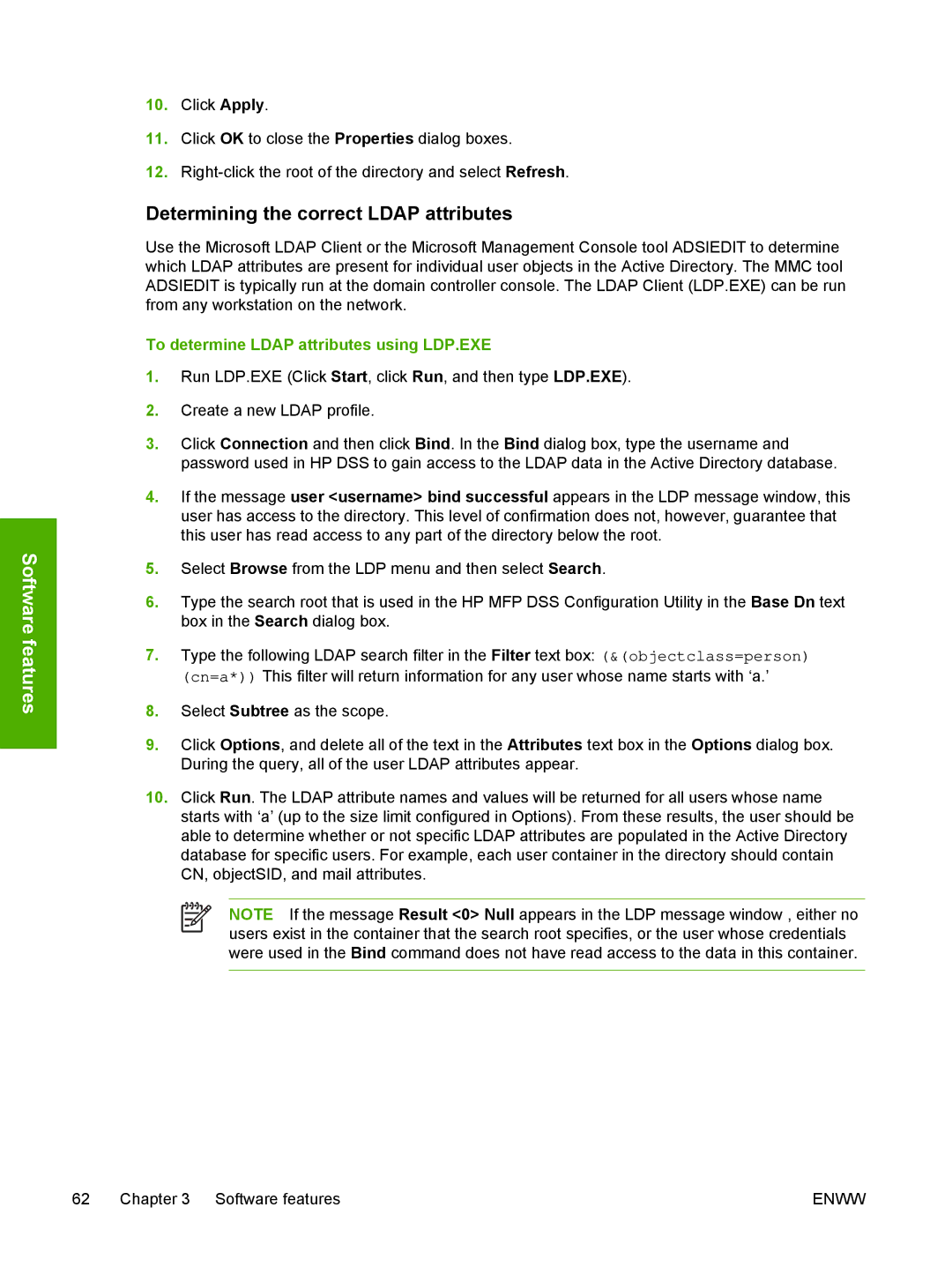 HP MFP Sending Software 4.0 to 4.20 Determining the correct Ldap attributes, To determine Ldap attributes using LDP.EXE 