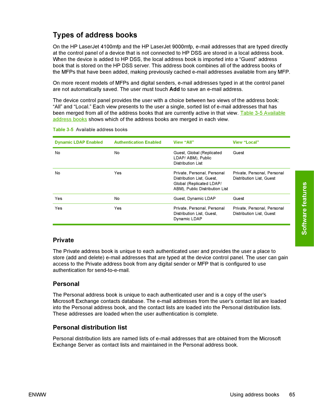 HP MFP Sending Software 4.0 to 4.20 manual Types of address books, Private, Personal distribution list 