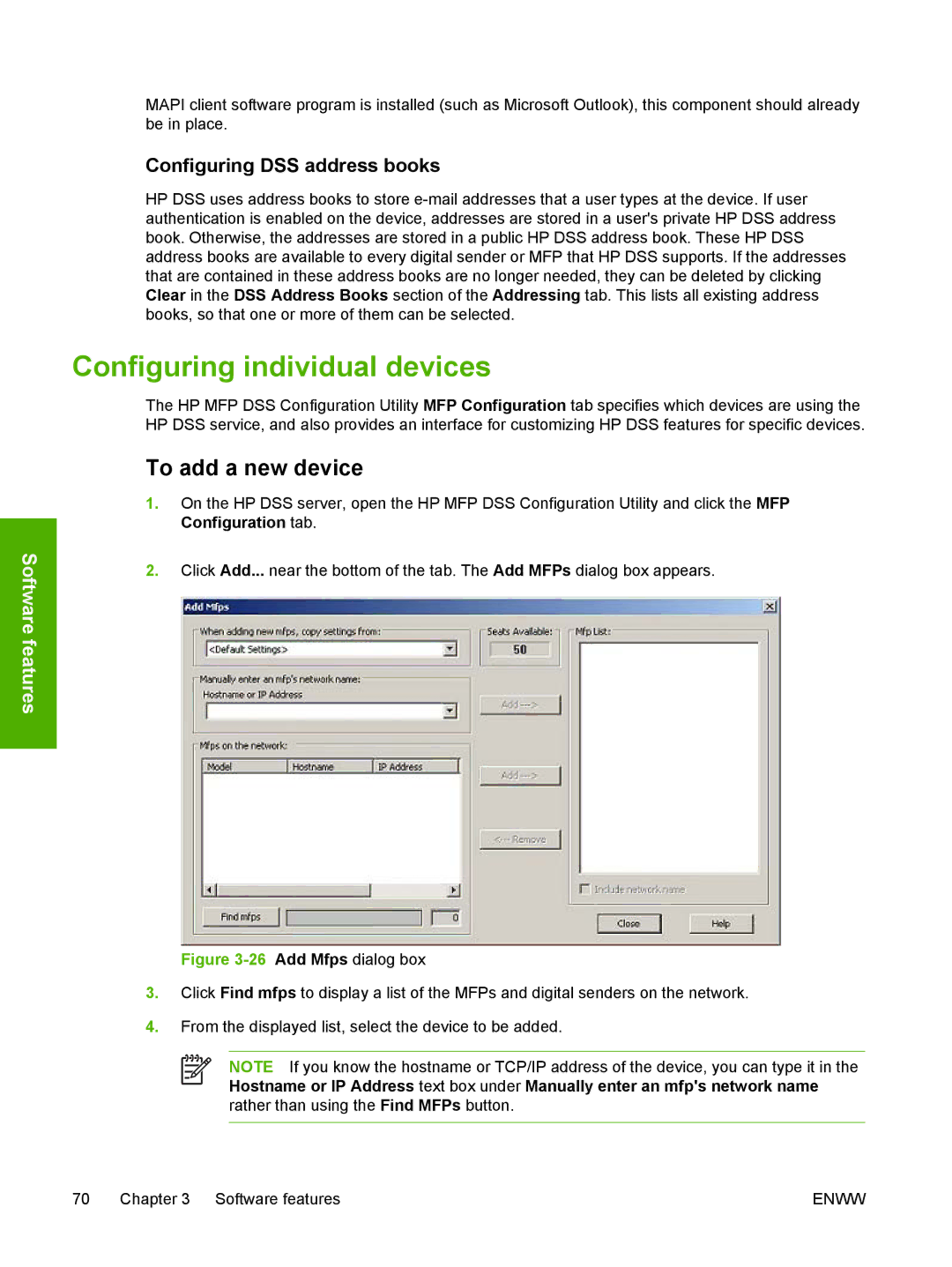 HP MFP Sending Software 4.0 to 4.20 Configuring individual devices, To add a new device, Configuring DSS address books 