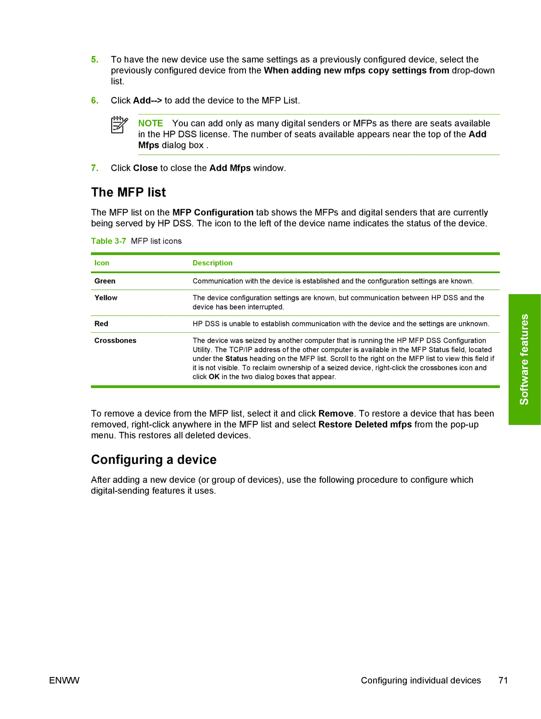 HP MFP Sending Software 4.0 to 4.20 manual Configuring a device, 7MFP list icons, Icon Description 