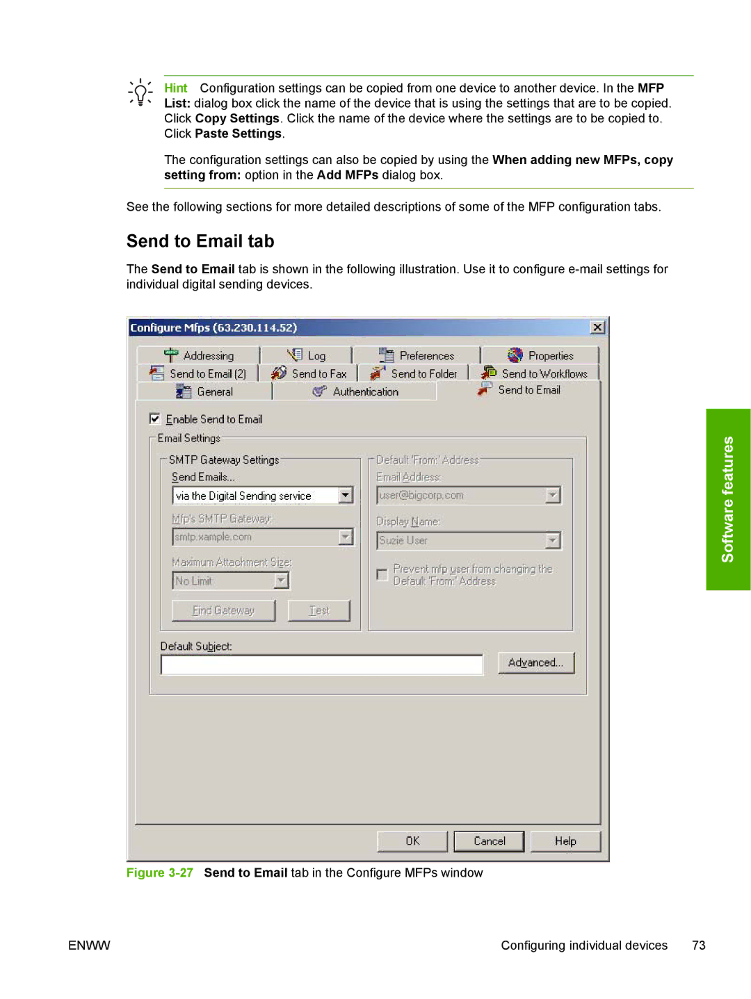 HP MFP Sending Software 4.0 to 4.20 manual 27Send to Email tab in the Configure MFPs window 